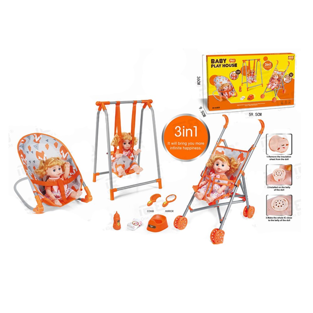 ნაკრები ბავშვის სათამაშო: 3-1-ში +თოჯინა / ფუნქციური საბავშვო სათამაშოები სათამაშოები, სასეირნო ეტლი და საქანელა თოჯინების აქსესუარებით / საბავშვო სათამაშოები / სათამაშოები ბავშვებისთვის (Baby Play House) - Image 1